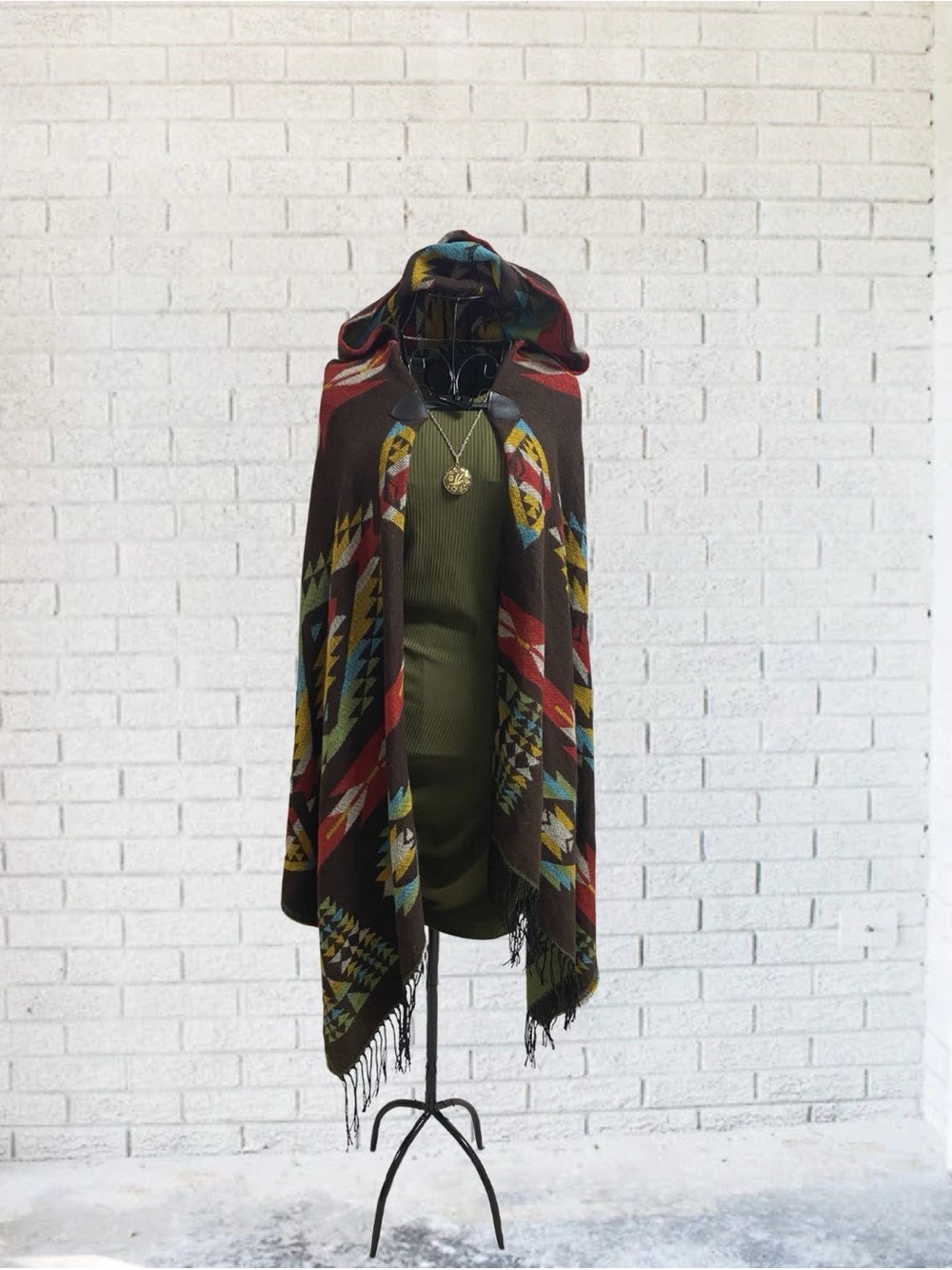 Poncho Hooded Hoodie Fringe Brown Long Fall Winter Women Small Sweater Cozy Boho